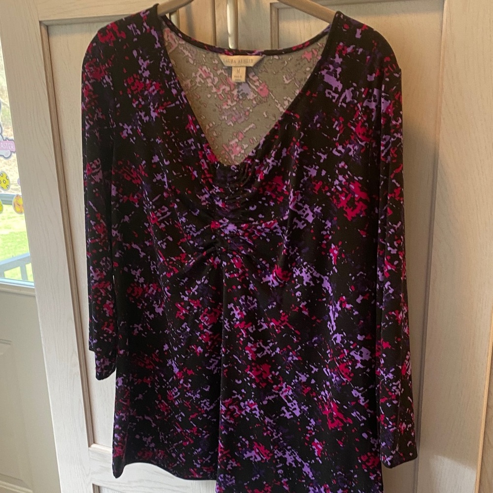 Laura Ashley Black 3/4 length sleeves Knit Top with Purple & Pink Abstract Print